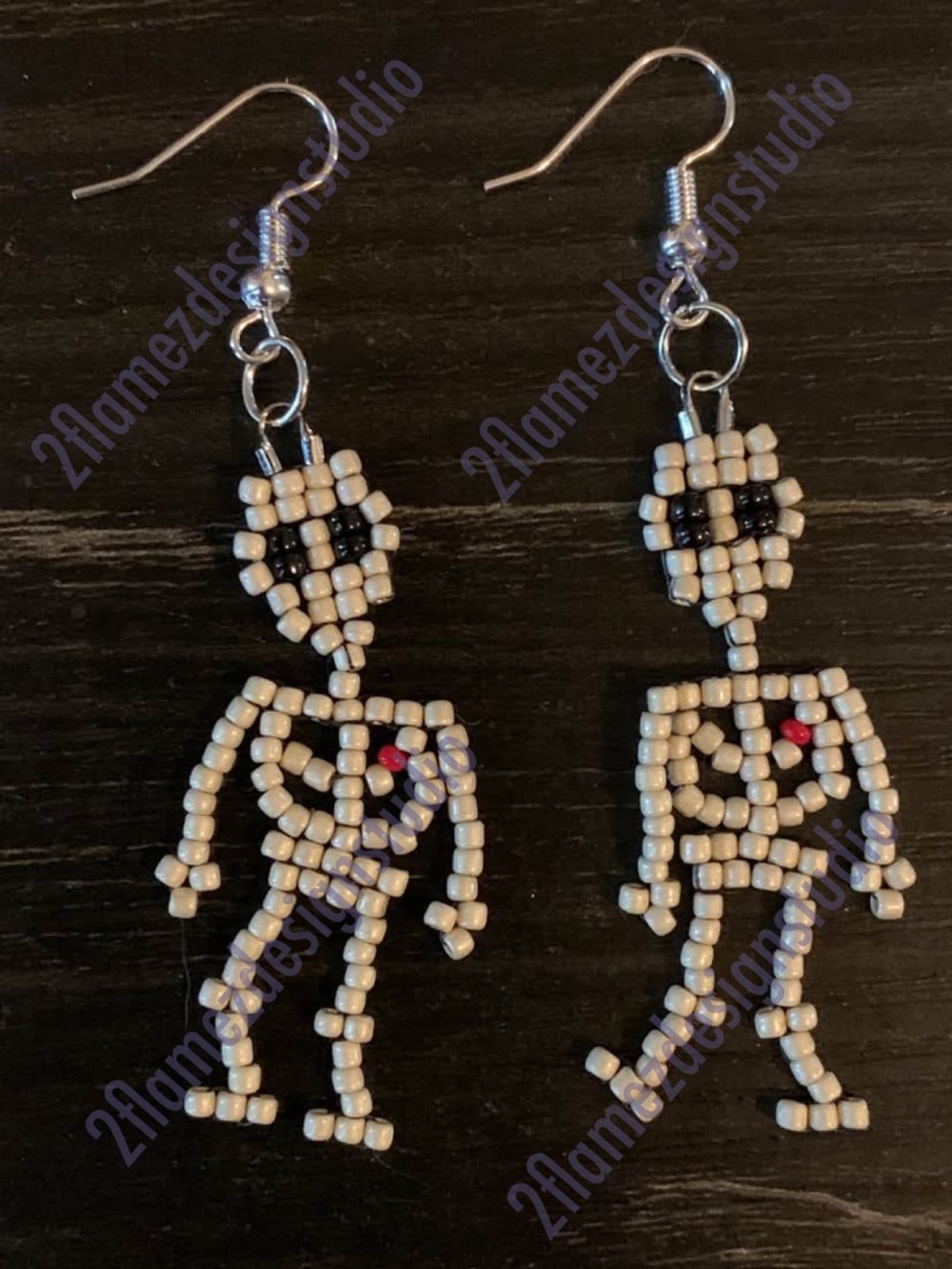 Handmade Seed Bead Skeleton Earrings W/ Heart